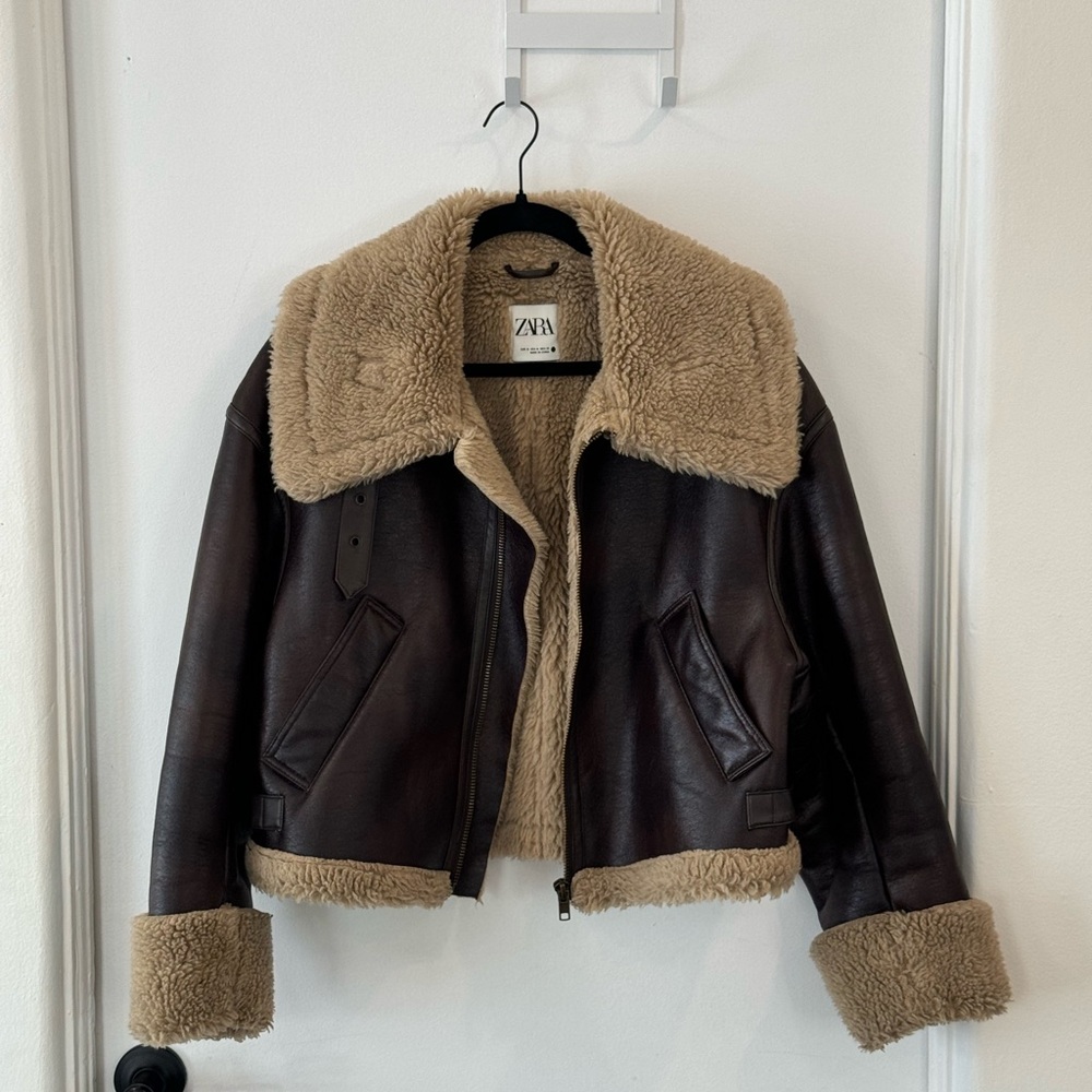Zara Women's Dark Brown Leather Jacket with Shearling